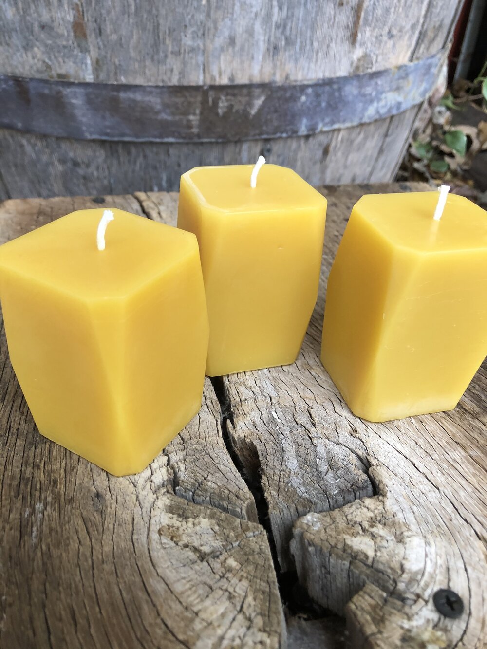 Set of 3 Beeswax Prism Candles- 100% pure beeswax, cotton wick